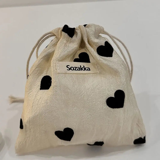 Love Drawstring Bag Polyester Pastoral Literary Style Pull Rope Pouch Coin Purse Vintage Drawstring Pocket Jewelry Storage Bag