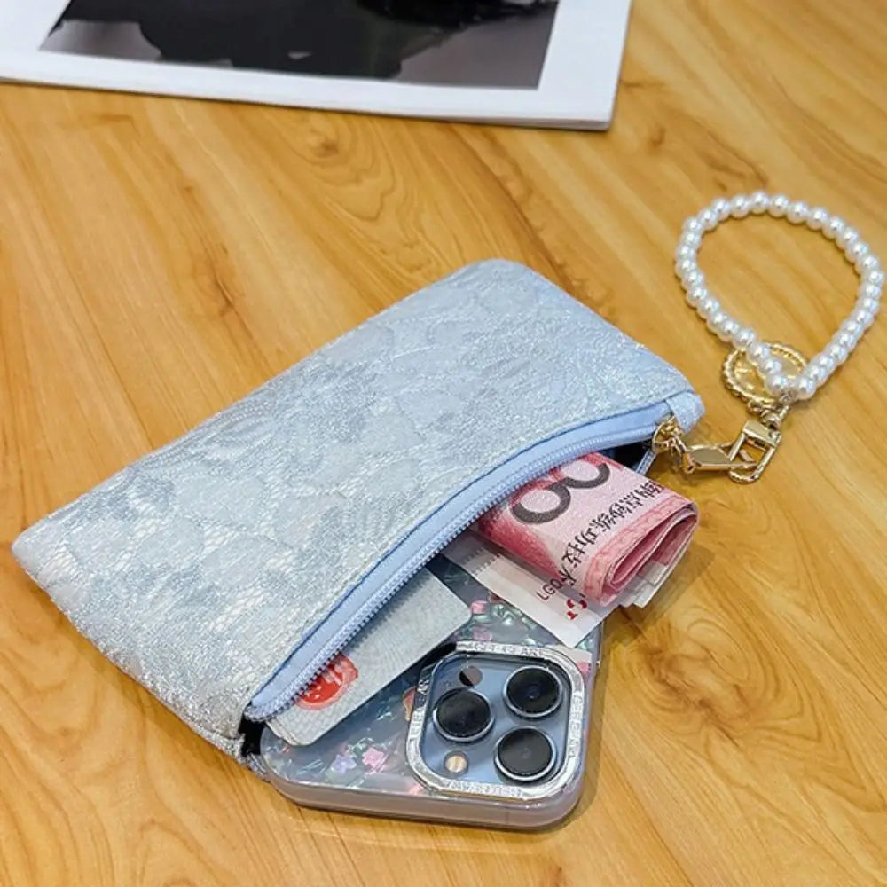 Fashion Elegant Large Capacity Women Wallet Pearl Chain Lace Coin Purse Clutch Bag Storage Bag Party Bag