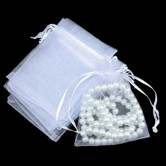 25/50PCS Drawable Christmas Favor Jewelry Packing Drawstring Pocket Gift Bags Organza Gauze Sachet White Pouches