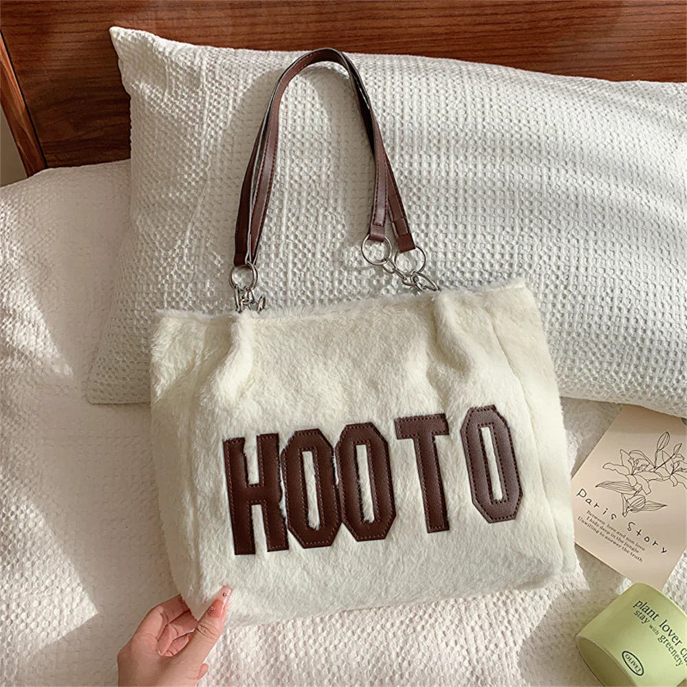 Letter Print Plush Tote Bag - Large Capacity Fashion Shoulder Handbag