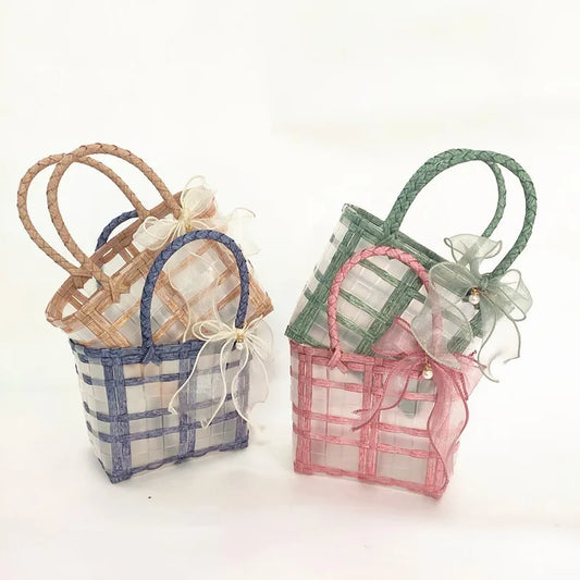 Transparent Hand-woven Jelly Bag Reusable Gift Basket Mini Purse Beach Bag with Bowknot Tulle