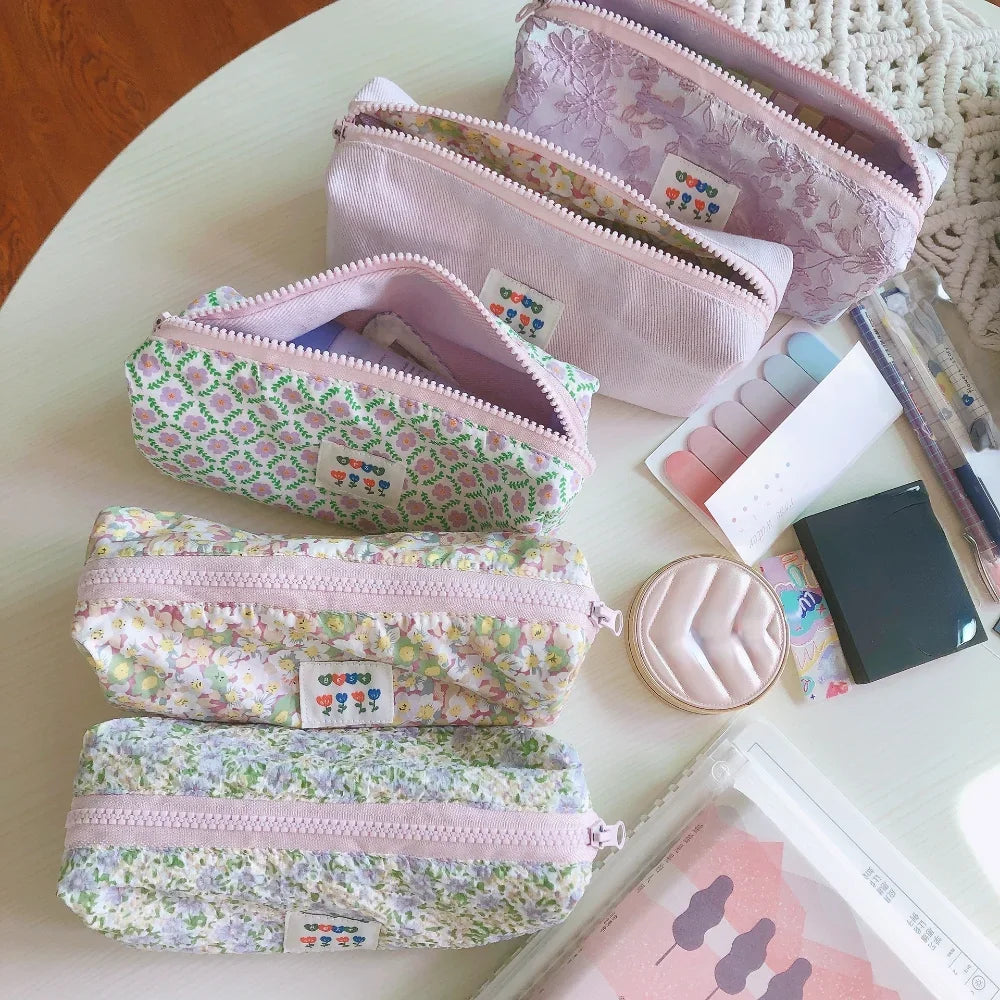 Korean Small Floral Cosmetic Bag For Women Mini Cute Makeup Cotton Fabric Toiletry Bag Pencil Case Organizer Pouch For Brushes