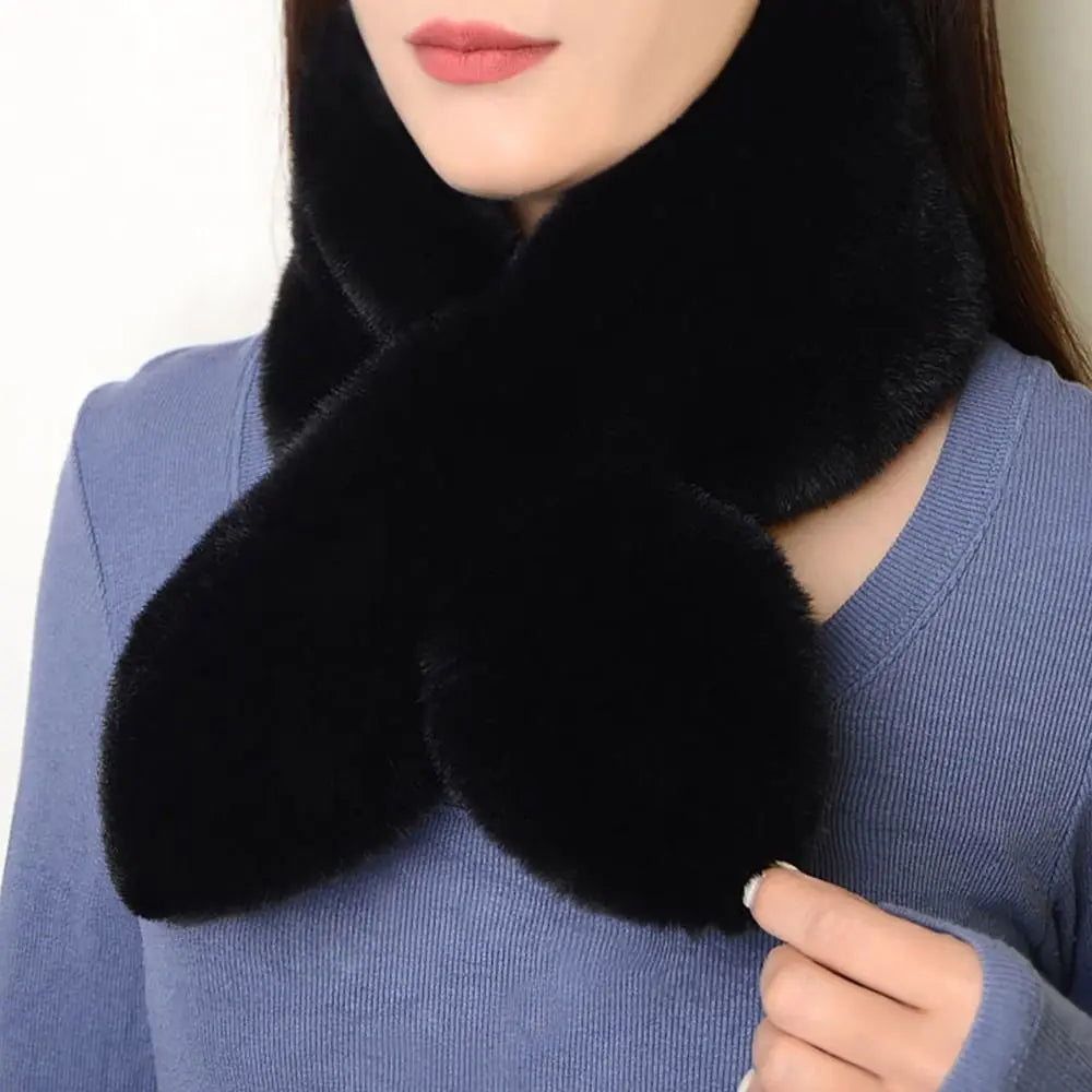 Women Girls Solid Color Cross Scarf Faux Rabbit Fur Plush Neck Scarf Thicken Shawl Neckerchief Wrap Winter Warm Neck Warmer