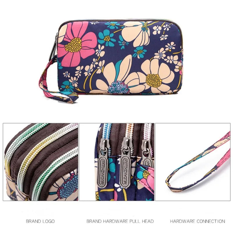 Fashion Flower Print Wallet For Women Three Layer High-capacity Mobile Phone Bag Portable Handheld Bag Mini Key Bag Clutch Bag