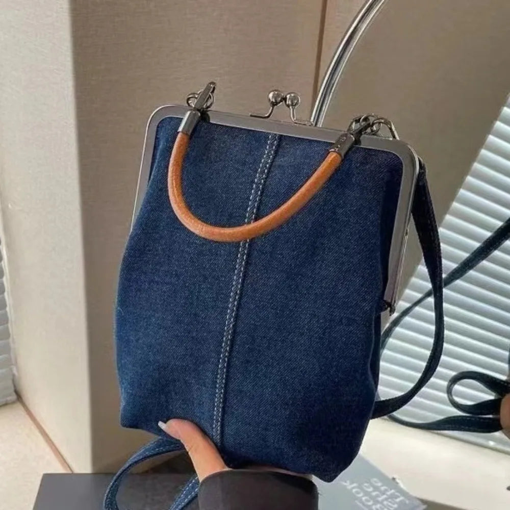 Vintage Navy Blue Denim Crossbody Bag - Women's Fashion Purse