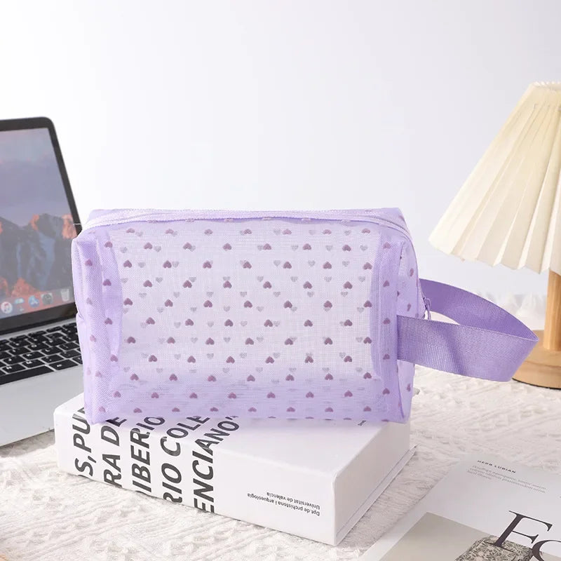 Love Print Mesh Cosmetic Bag Portable Toiletry Organizer Makeup Bag Multifunction Transparent Women Lipstick Storage Pouch