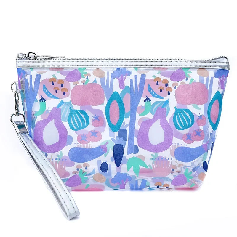 Kawaii Cute Transparent Cosmetic Bag Large Capacity Portable Fruit Pattern Pencil Case Makeup Storage Bag Make Up Organizer Bag