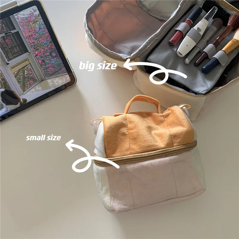 Cute Toast Cosmetic Bag Large Capacity Travel Portable Handheld Make Up Organizer Storage Case Double Zipper Plush Wash Pouch