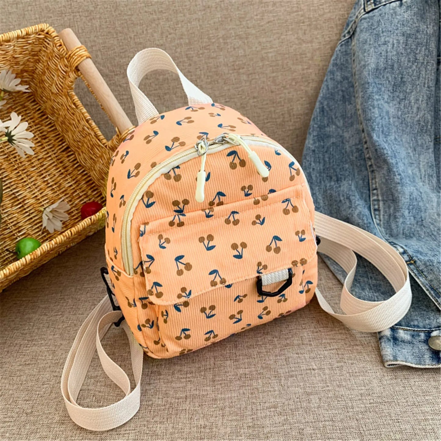 Cherry Corduroy Mini Backpack for Women and Kids