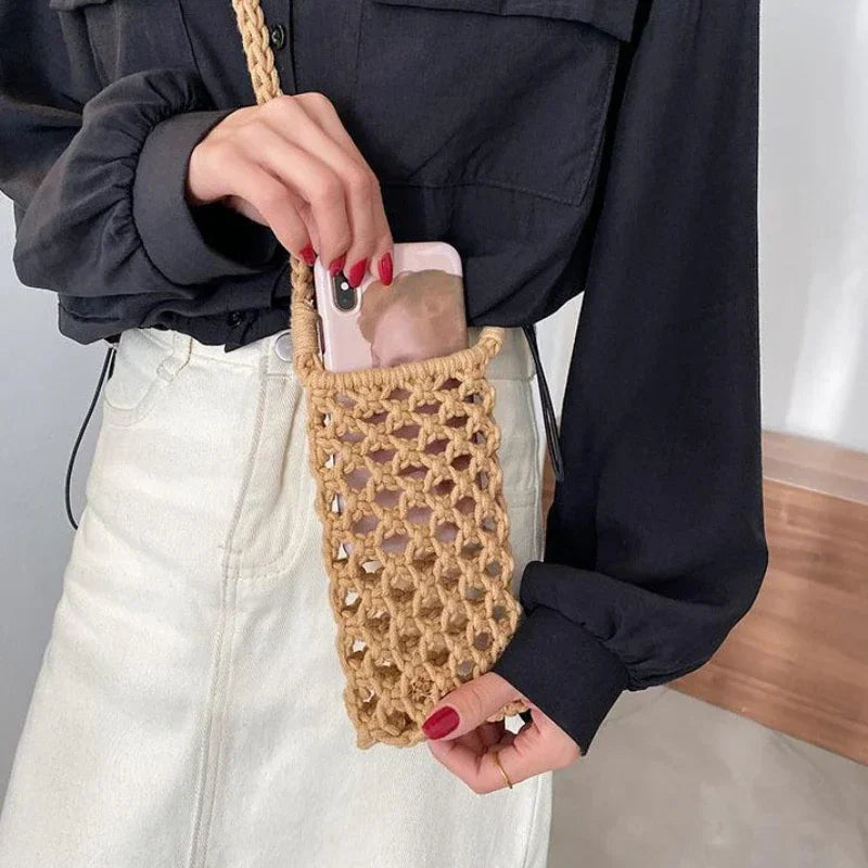 Women Fashion Small Crossbody Phone Bag Solid Color Hollow-out Woven Crochet Lightweight Braided Shoulder Handbag Crossbody Bags