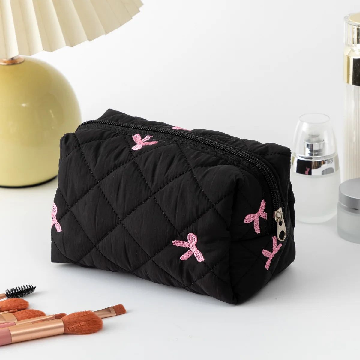 Women's Cosmetic Bags Bow Cute Cotton Makeup Bag Women Zipper Cosmetic Organizer Portable Toiletry Handbag