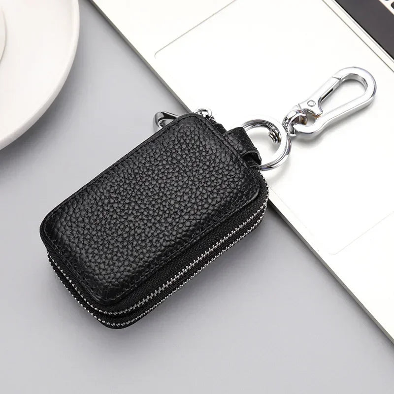 Double-layer Zipper Car Key Bag Lychee Pattern Top Layer Cowhide Key Bag Genuine Leather Key Chain Large Capacity Unisex KeysBag