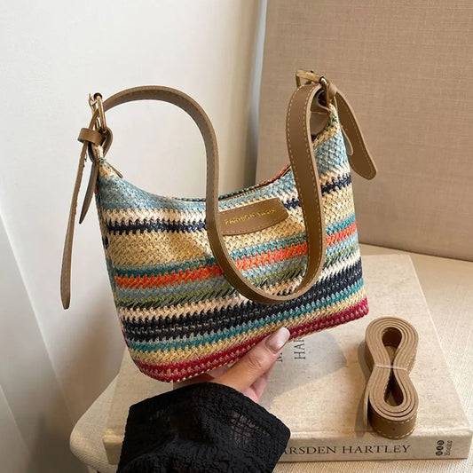 Large Capacity Contrast Color Handbag Versatile Shoulder Bag Casual Tote Woven Bag