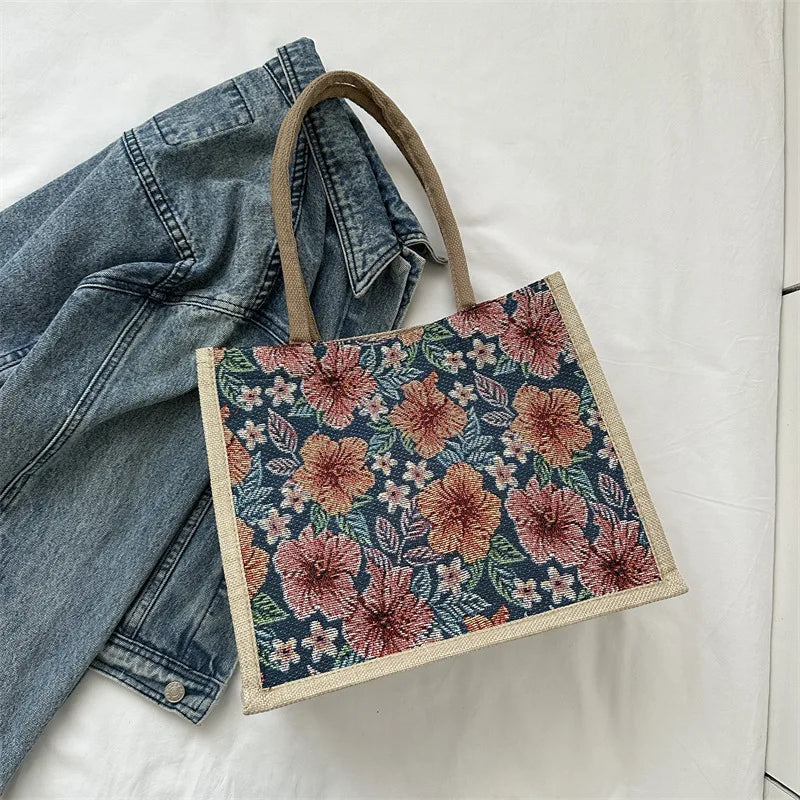 Vintage Floral Linen Tote Bag - Large Capacity Eco Shoulder Handbag