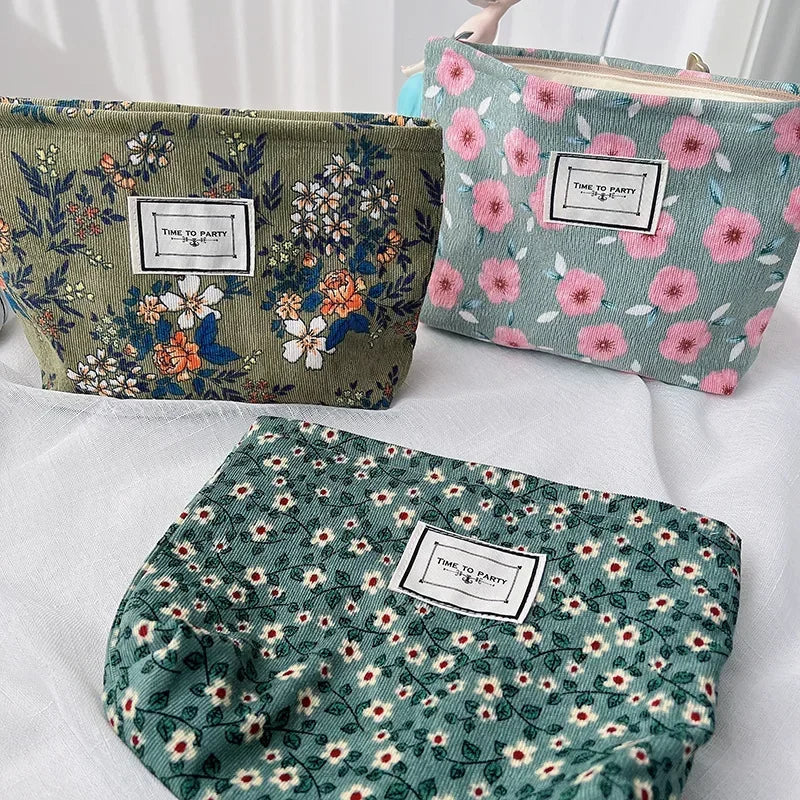 Fashion Retro Flowers Print Cosmetic Bag Canvas Washing Bag Large Capacity Women Travel Cosmetic Pouch Make Up Storage Bags