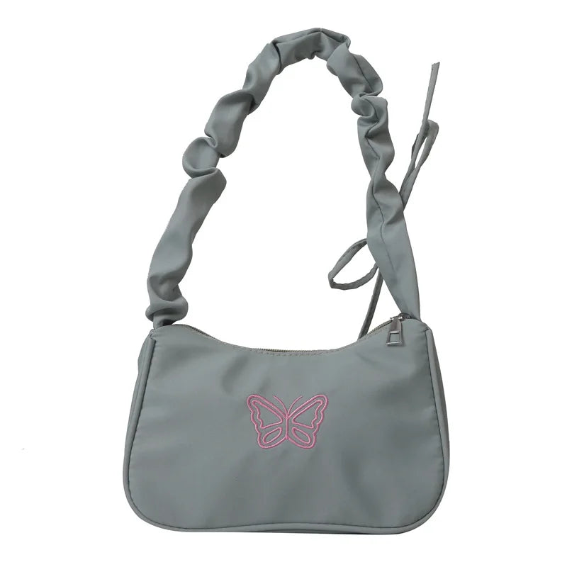 Y2K Embroidery Butterfly Nylon Shoulder Bag with Bow Handle