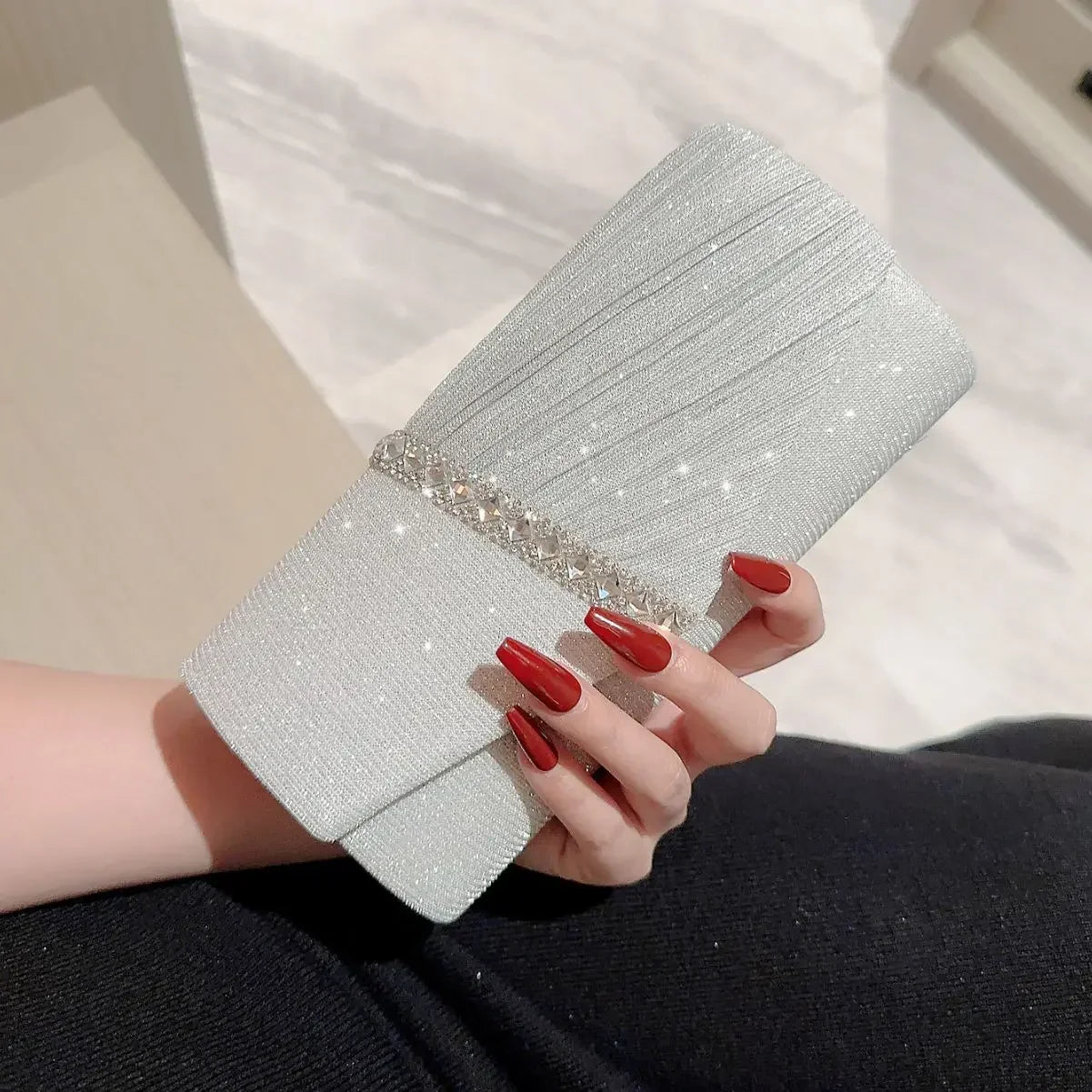 Glitter Silver Clutch Evening Bag Purse Chain Shoulder Handbag