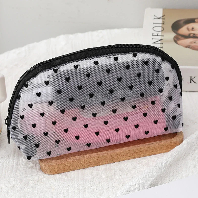 Nylon Mesh Cosmetic Bag Multifunctional Zipper Heart Shaped Toiletry Organizer Makeup Bags Women Lipstick Key Coin Purse Pouch