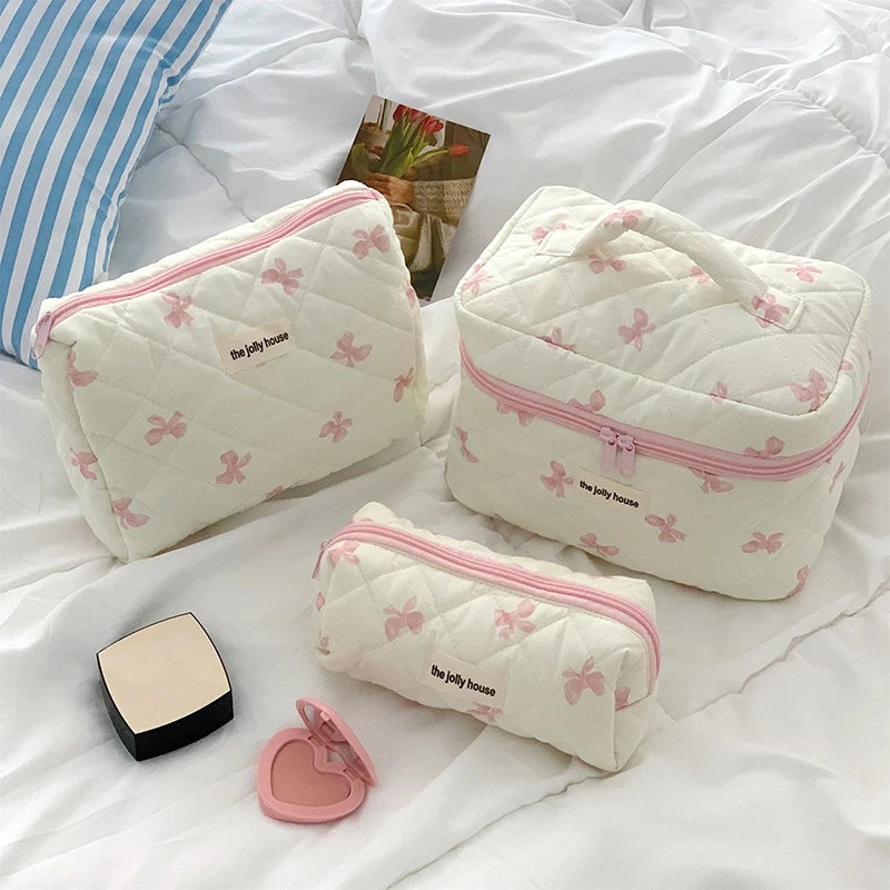 Grid Bow Cosmetic Bag Ins Makeup Storage Bag Large Capacity Handbag Storage Tool Portable Women Zipper Cosmetic Organizer 가방