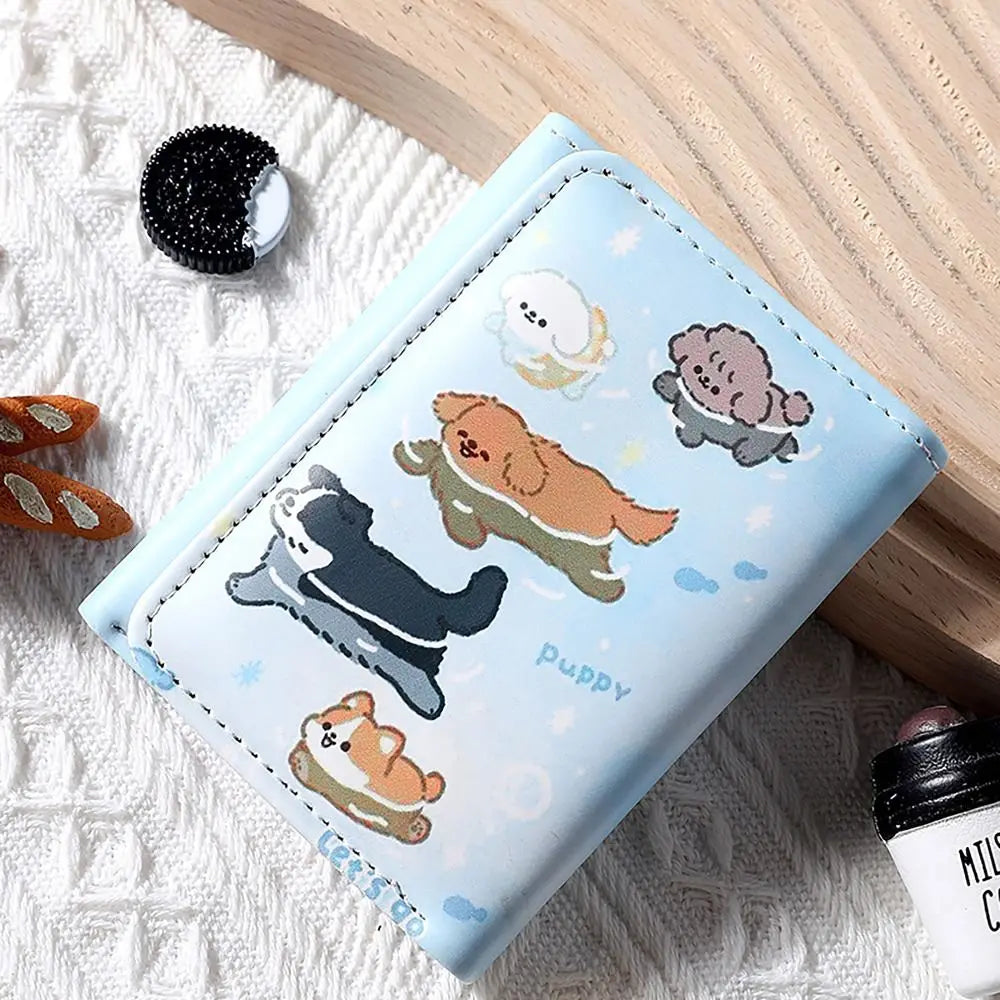 PU Leather Money Coin Purse 3 Folds INS Style Credit Card Holoder Cute Kitten Dog Card Wallets Money Bag Girls Students Gift