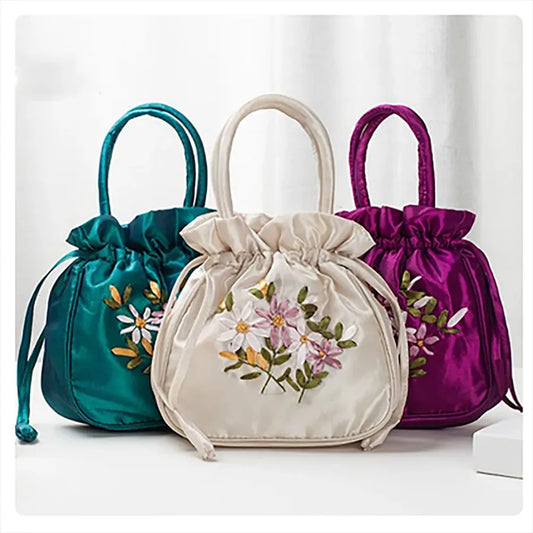 Mini Embroidered Flower Pattern Drawstring Bag Small Women Bucket Bag Top Handle Ladies Handbag Phone Bag Summer Purse