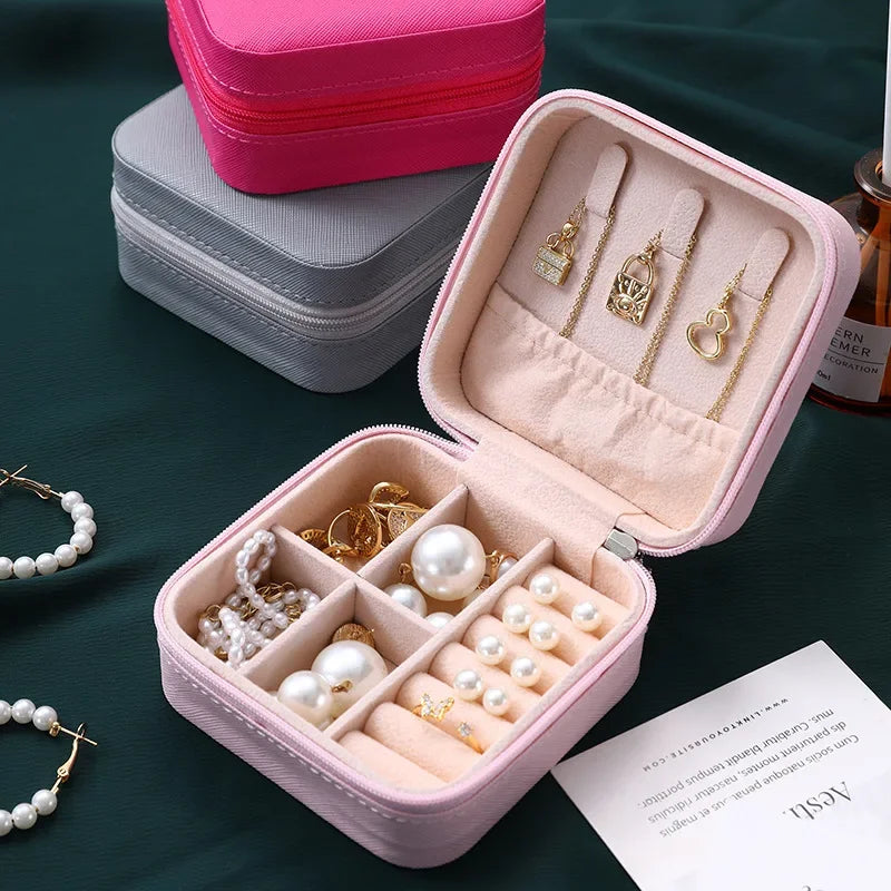 Solid Color Jewelry Organizer Leather Square Small Round Box Ring Earrings Portable Travel Jewelry Storage Lipstick Makeup Bag