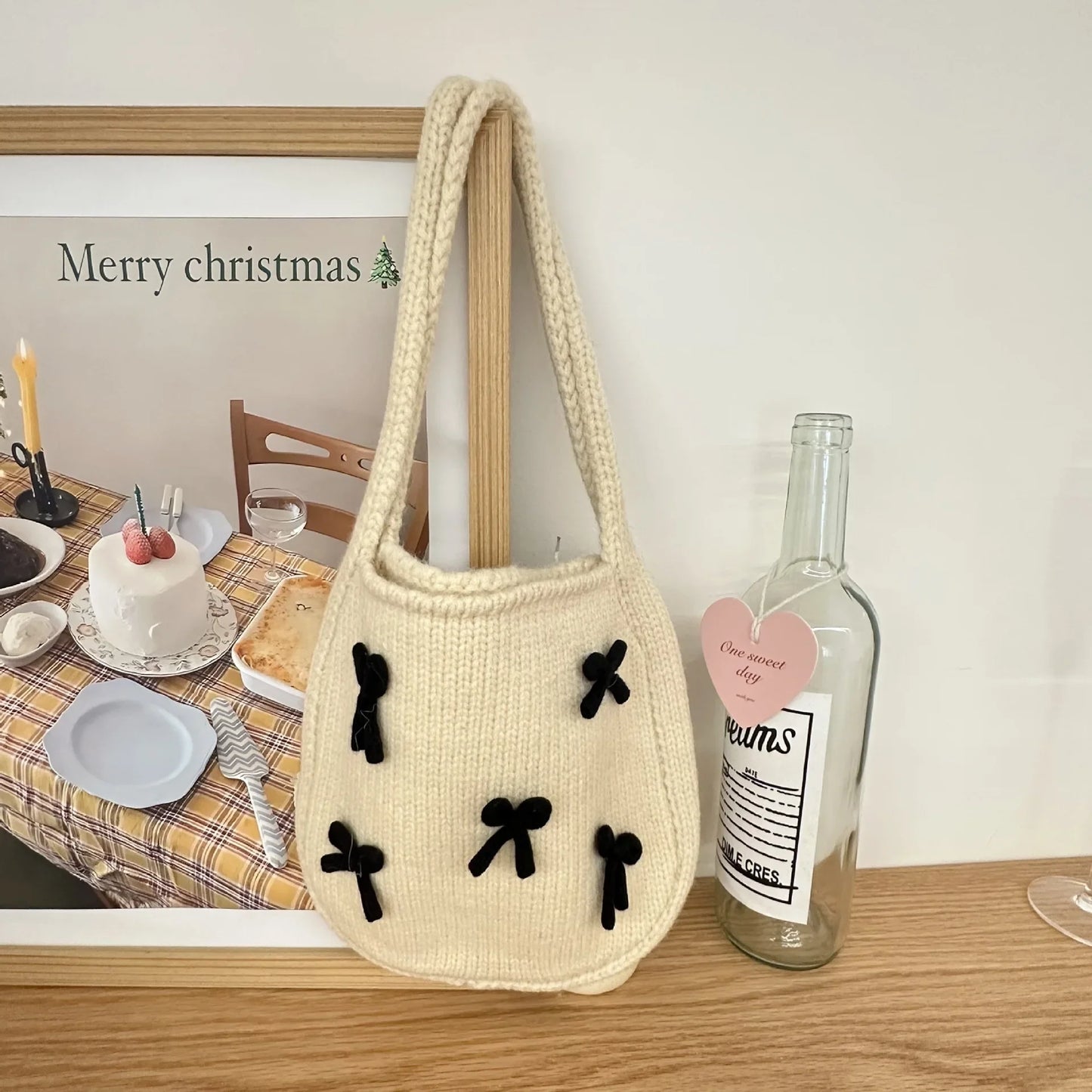 Handmade Knitted Bow Crochet Tote Bag - Women's Fashion Shoulder Bag