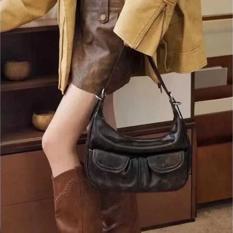 Vintage Coffee Shoulder Bag Women Retro Chic Underarm Handbag Y2K