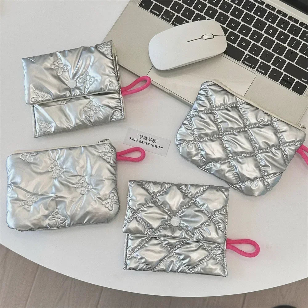 Waterproof Silver Love Bow Pattern Cute Coin Purse Small Clutch Coin Wallet Lady Girls Earphone Coin Key Money Storage Bag Pouch