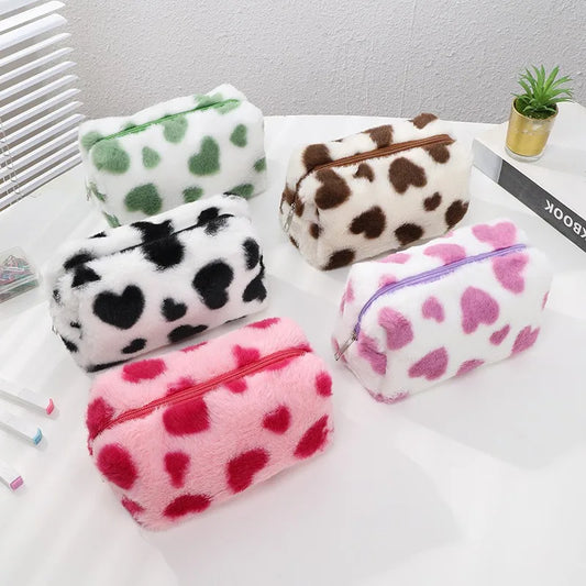 Cute Plush Heart Print Makeup Bag Organizer Pouch Kawaii Pencil Case Travel Storage Purse