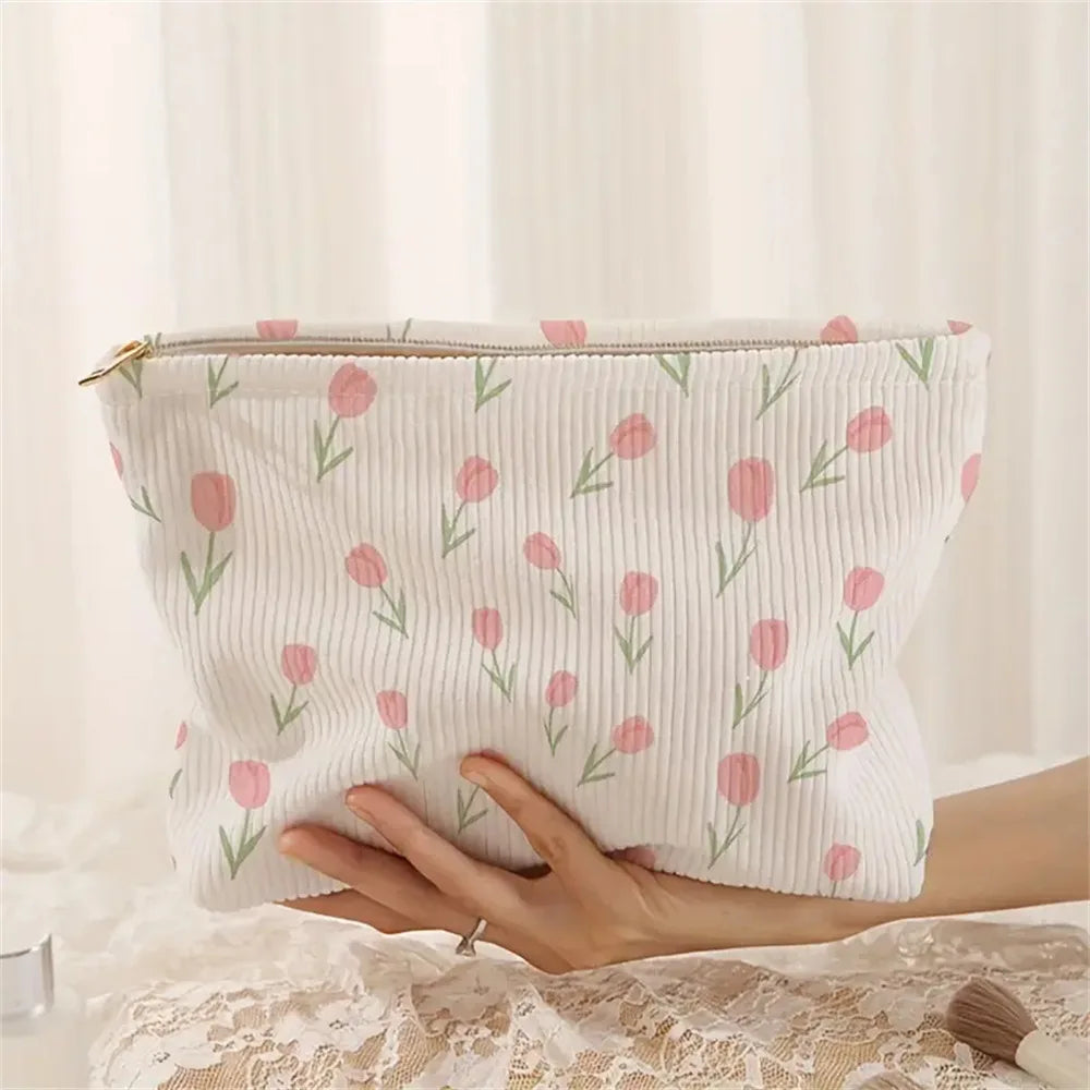 Tulip Pattern Corduroy Makeup Bag Portable Travel Organizer Clutch