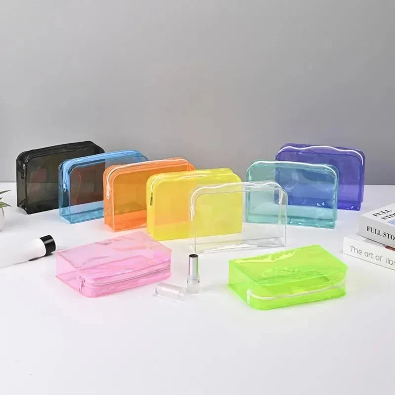 Candy Color Transparent Cosmetic Bag PVC Waterproof Large Capacity Makeup Bag Travel Cosmetic Organizer Toiletries Storage Bag