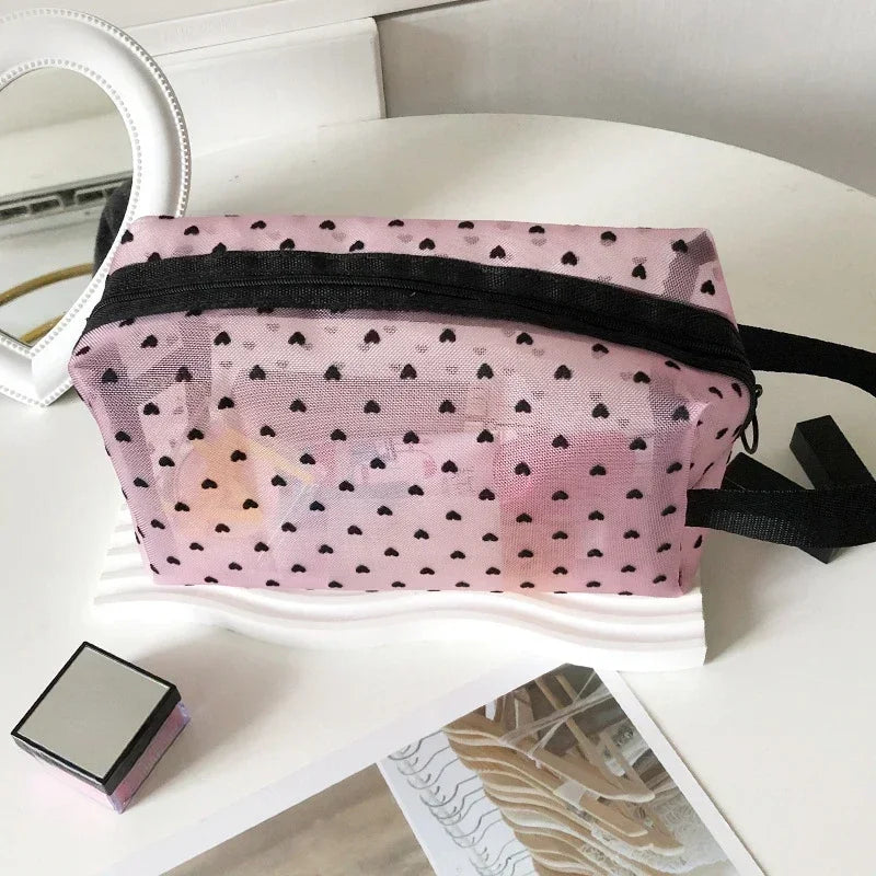 Nylon Mesh Cosmetic Bag Multifunctional Zipper Heart Shaped Toiletry Organizer Makeup Bags Women Lipstick Key Coin Purse Pouch