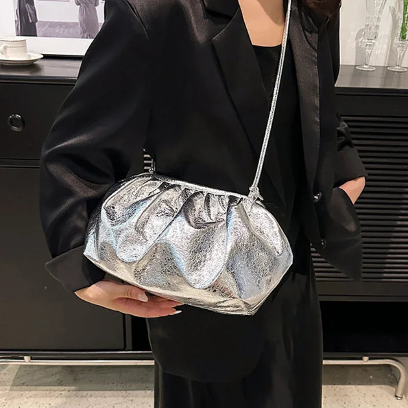 Small Luxury Design Women's Leather Silver Cloud Bag Female Gold Crossbody Bag Ladies Party Clutch Purse Female Handbags