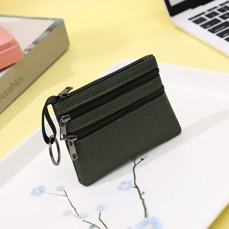 3 Zippers Canvas Coin Purse Women's Mini Wallet Solid Change Purses With Keychain Money Bags Coin Key Storage Bag Card Holder