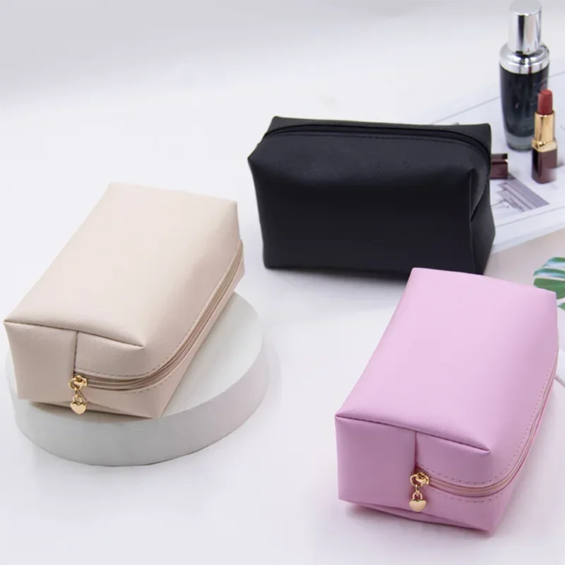 Women Cosmetic Bag Waterproof PU Leather Solid Color Makeup Pouch Travel Portable Wash Toiletry Storage Bag Organizer Case