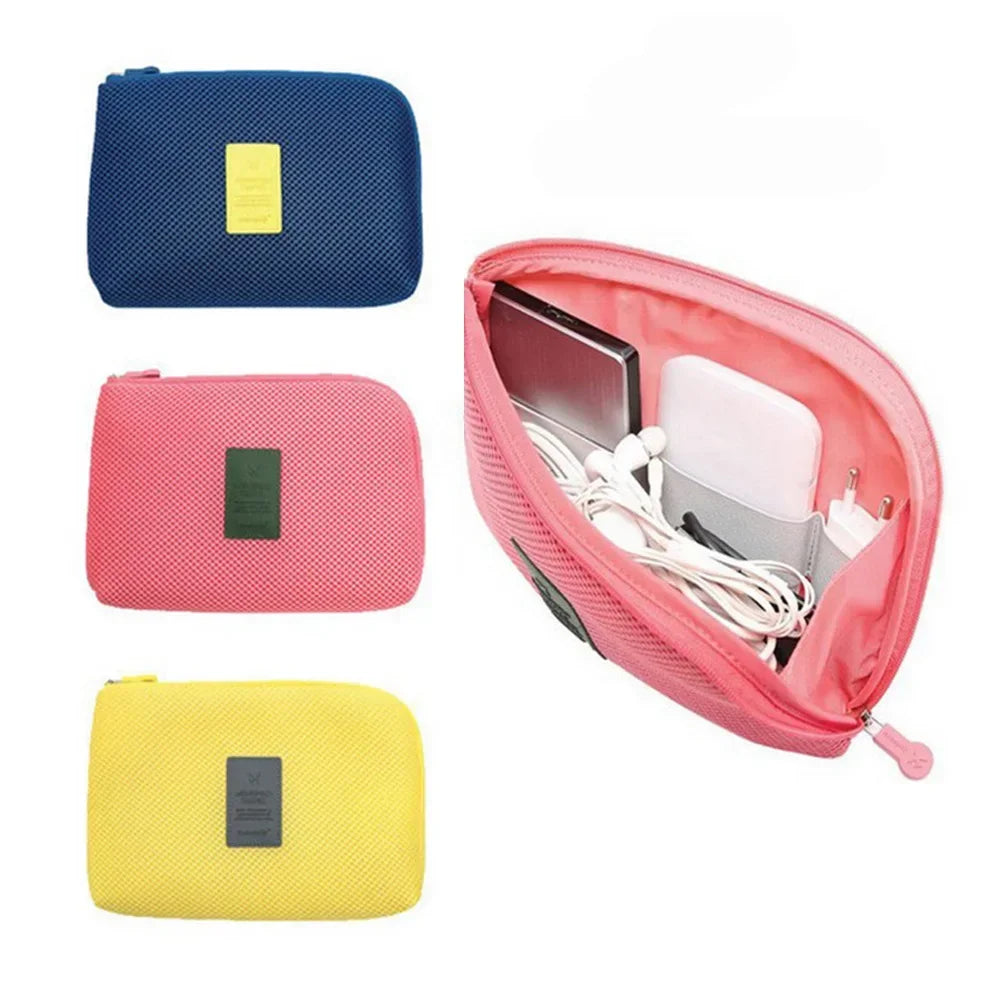 Men Women Makeup Bags Travel USB Data Cable Headset Earphone Organizer Pouch Solid Color Large Capacity Zipper Cosmetic Bag