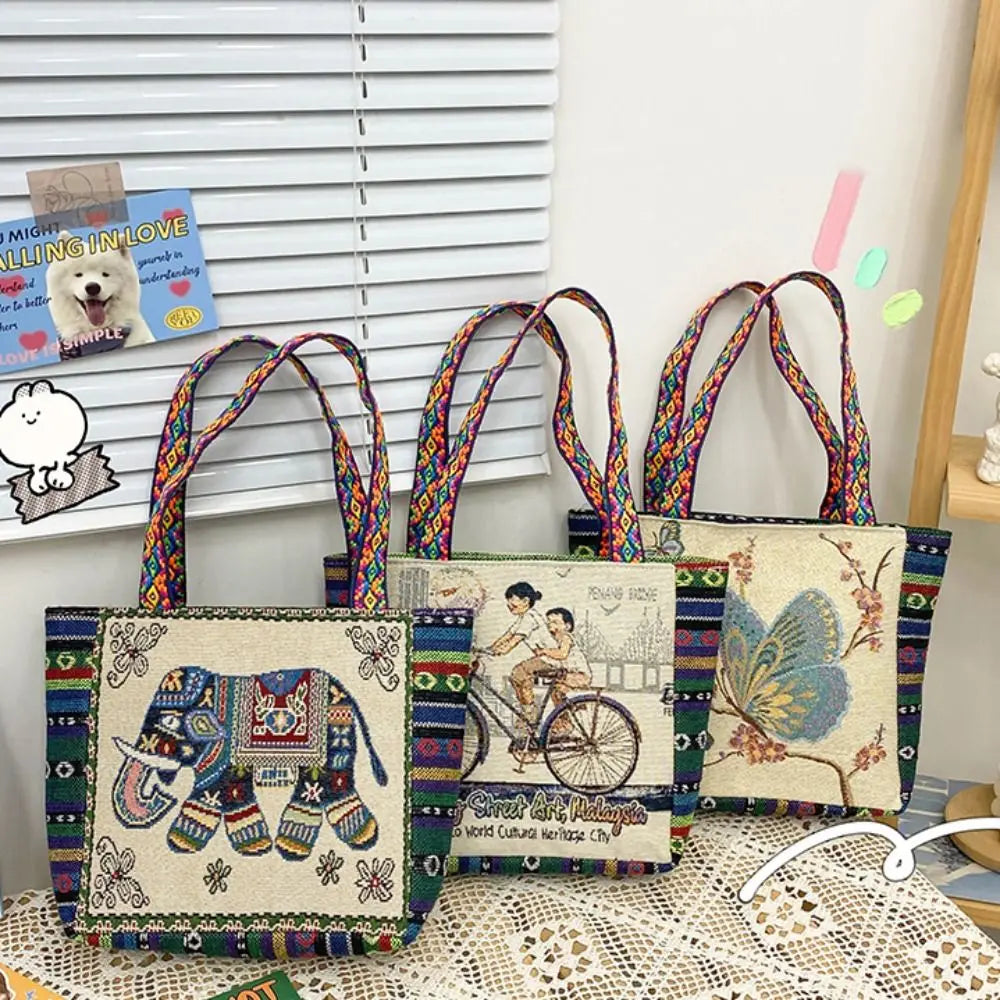 Ethnic Embroidery Elephant Canvas Tote Bag