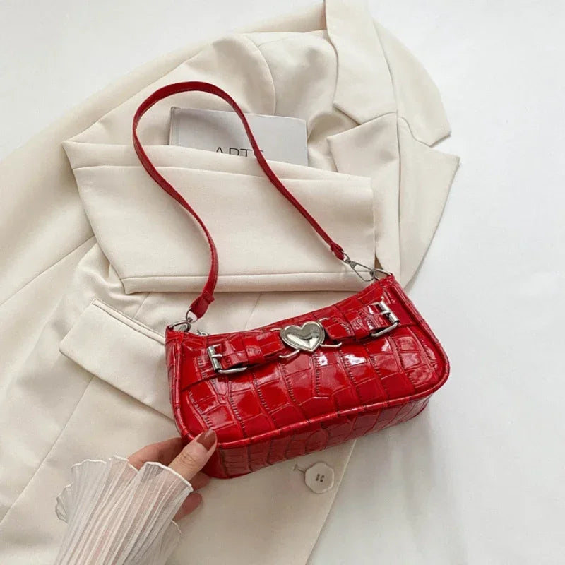 Y2K Peach Heart Leather Shoulder Bag Alligator Pattern