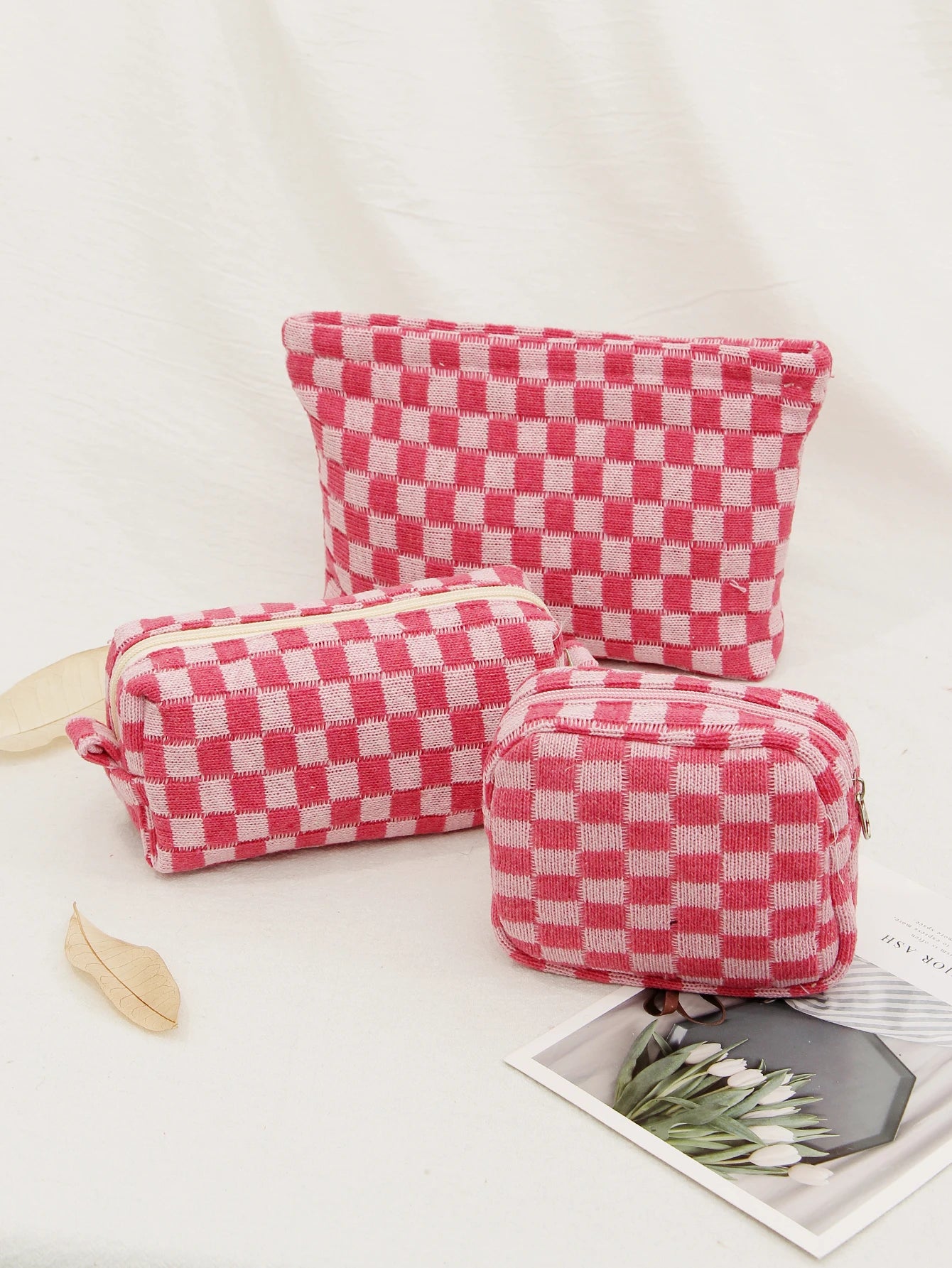 Checkerboard Cosmetic Bag Knitted Toiletry Storage Bag Colorful Makeup Pouch Organizer Checkered Pattern Cosmetic Bag