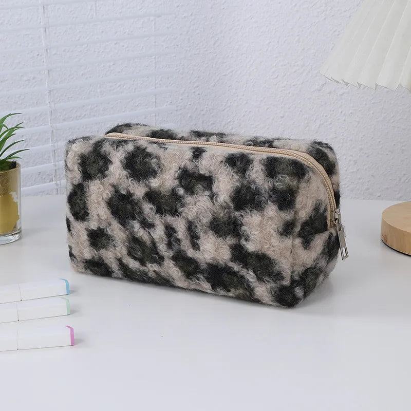 Leopard Print Soft Plush Travel Cosmetic Bag Lipstick Brush Toiletry Kit Storage Bag Women Makeup Handbags Organizer Pouch Bag