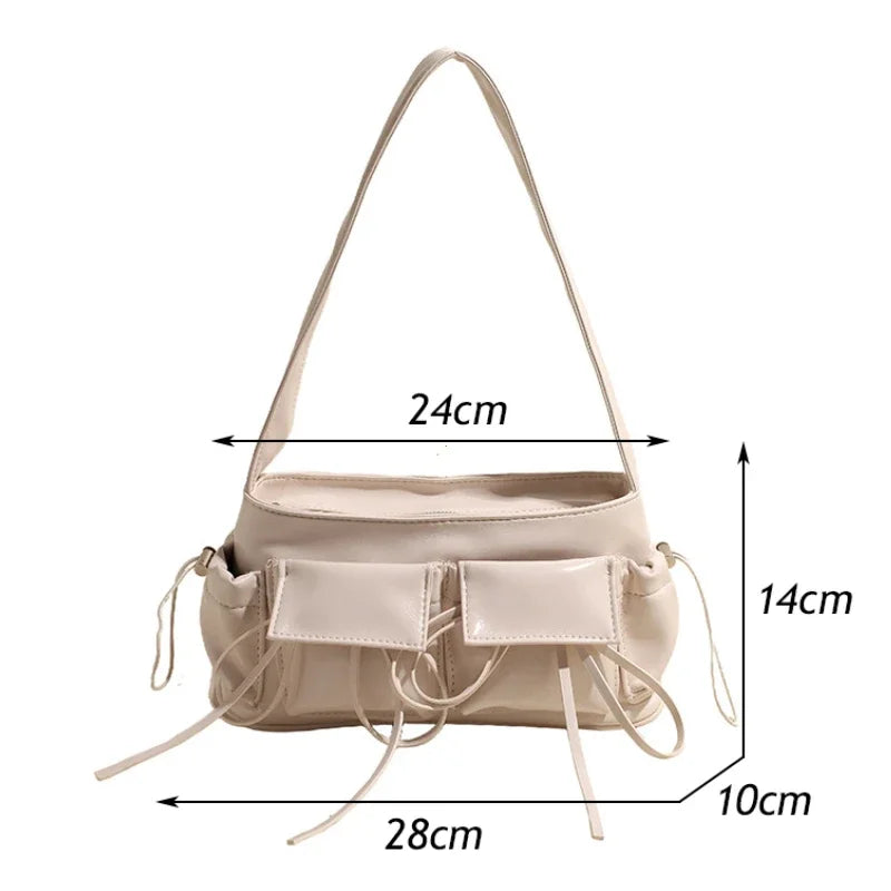 Double Pockets Design PU Leather Shoulder Bags for Women 2025 New Fashion Trend Crossbody Bag Females Silver Handbags