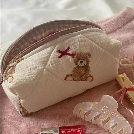 Teddy Bear Cotton Quilted Makeup Bag - Travel Cosmetic Organizer Pouch for Women