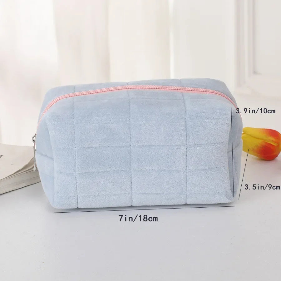 Solid Plush Cosmetic Storage Bag Large Women Zipper Makeup Organizer Handbag Stationery Pencil Case Travel Make Up Toiletry Bag