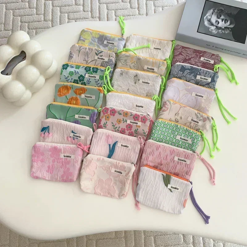 Red Green Floral Cute Women Wallet Mini Clutch Purse Coin Purse Cotton Bag Fresh Cute Card Bag Sanitary Napkins Bag Earphone Bag