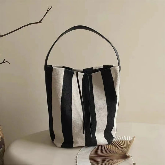 Wide Stripe Canvas Bucket Bag - Large Capacity Shoulder Tote