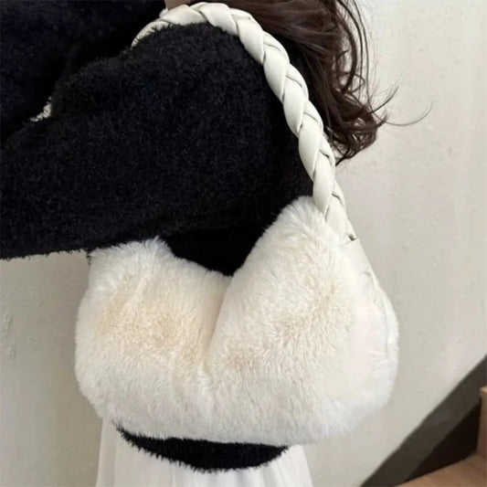 Winter Plush Shoulder Bag - Soft Knot Handle Purse, Fashion Underarm Tote