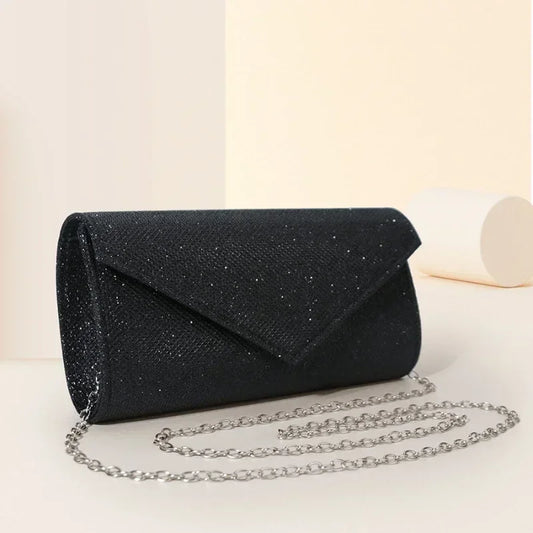 Silver Glitter Evening Clutch Bag with Chain