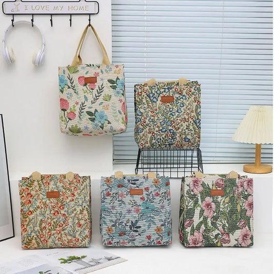 Fashion Handbag Floral Print Lunch Bag Large Capacity Thermal Thickened Thermal Insulation Bag Portable Ice Pack Women