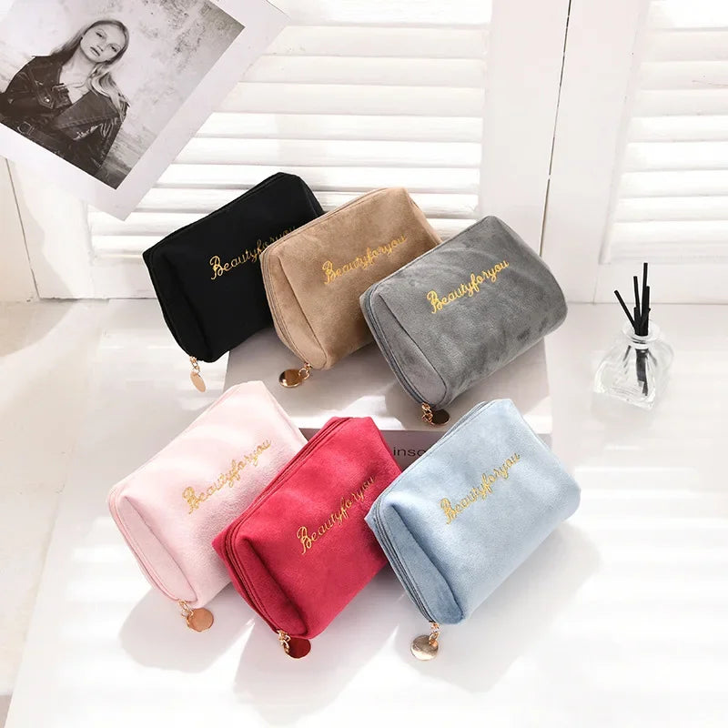 1 Pc Velvet Women Cosmetic Bag Travel Large Makeup Bag Solid Color Zipper Lipstick Storage Bags Female Make Up Organizer Pouch